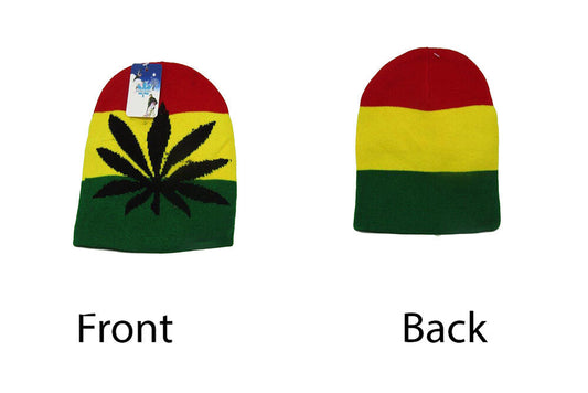 Rasta Rastafarian beanie with weed leaf design, red, yellow, and green stripes, one size fits most.