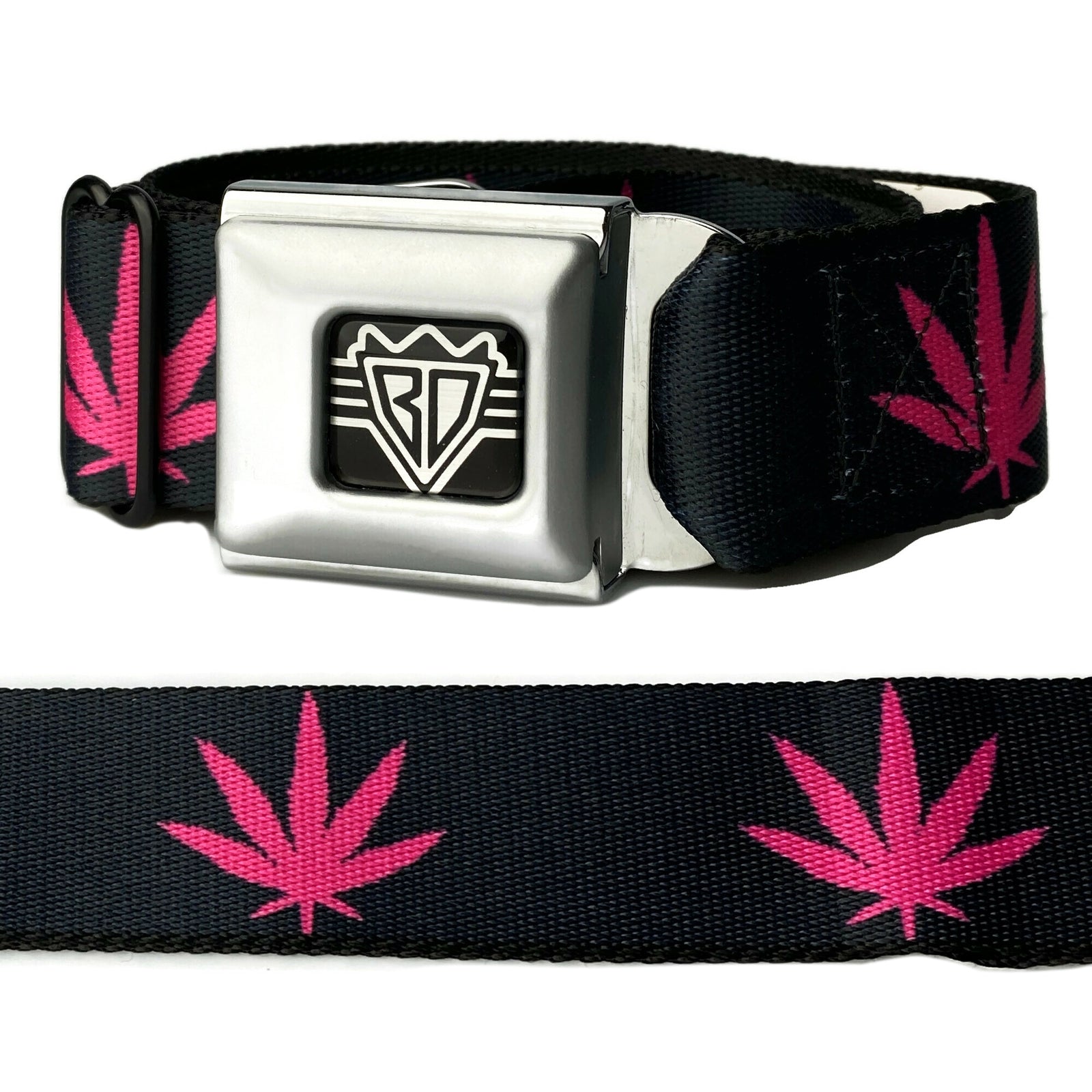 Pink marijuana leaf weed seatbelt style belt with steel buckle and nylon webbing.