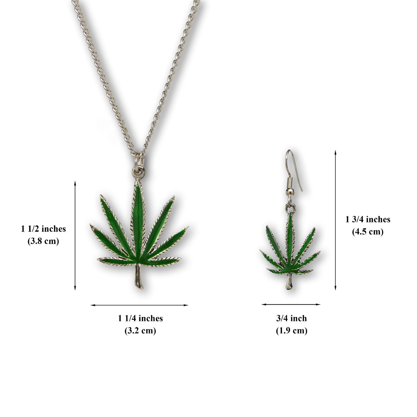 Marijuana Weed Pot Leaf Green Enamel On Pewter Necklace and Earrings Jewelry Set