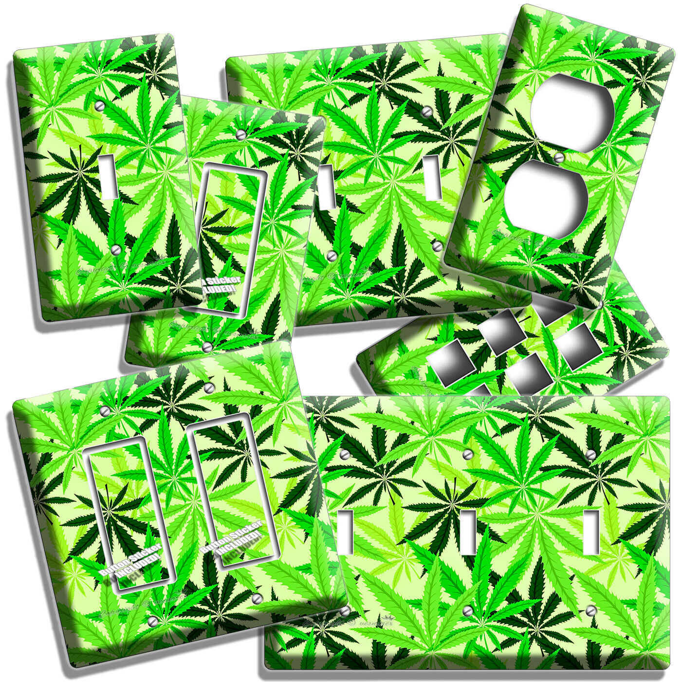 Green cannabis marijuana leaf light switch and outlet wall plates decor.