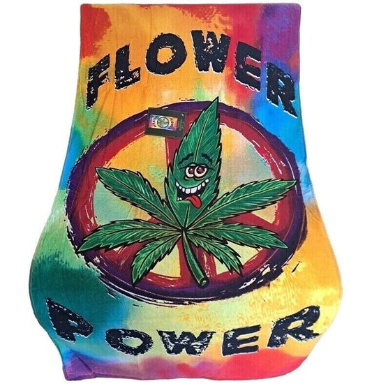 Flower Power pot leaf towel with peace sign and multicolored background.