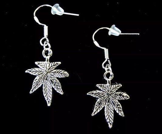 Marijuana pot leaf silver plated earrings with drop hook design.