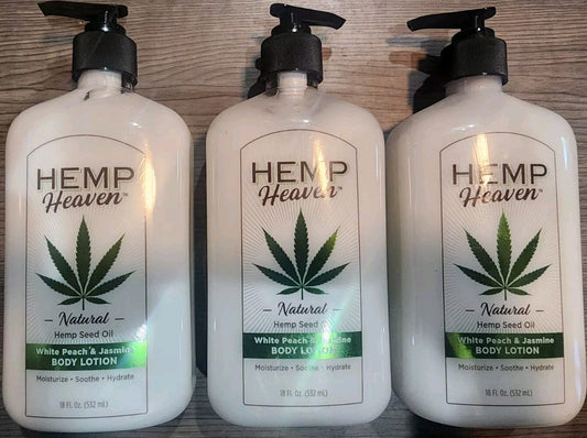 Hemp Heaven body lotion pack of three with white peach and jasmine scent, 18 OZ bottles.
