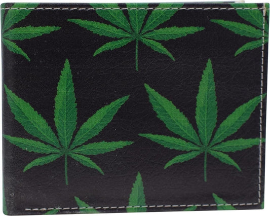 Printed Marijuana Leaf RFID Blocking Genuine Leather Bifold Wallet in Gift Box