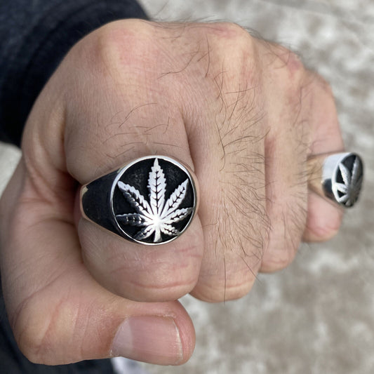 Mens 925 sterling silver black oxidized marijuana ring
