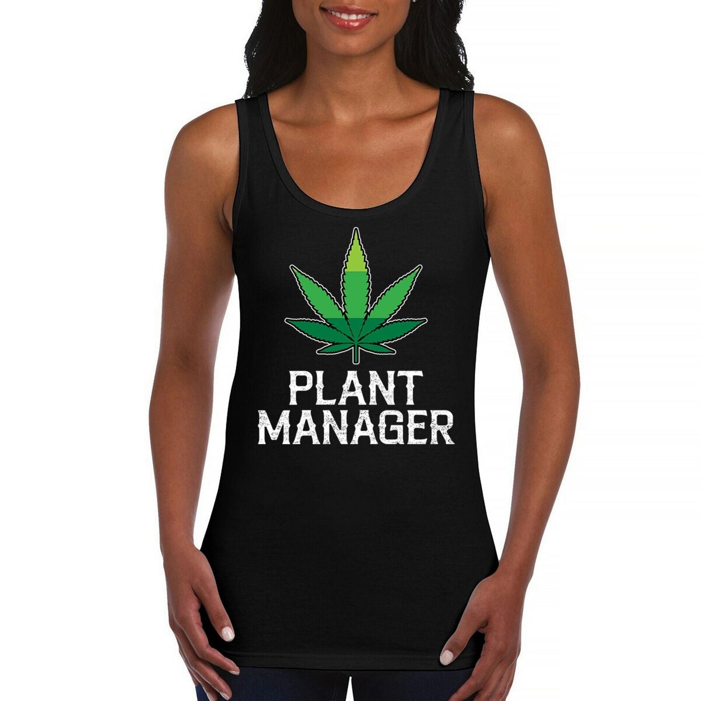 Women's black tank top with "Plant Manager" text and pot leaf graphic.