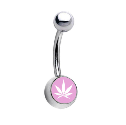 Marijuana pot leaf light pink belly button navel ring.