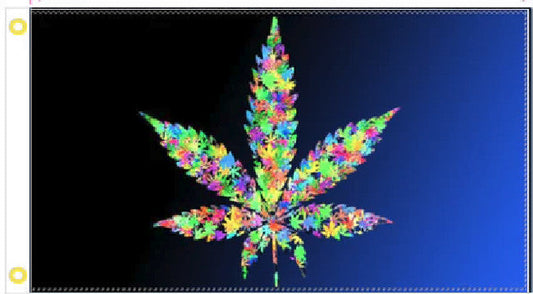 3X5 marijuana leaf flag with tie-dye design on black background.