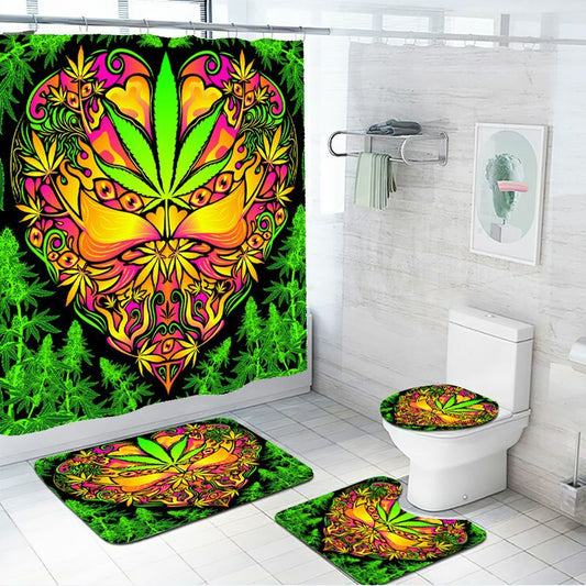 Psychedelic weed art shower curtain set with non-slip bathroom mat and toilet lid cover.
