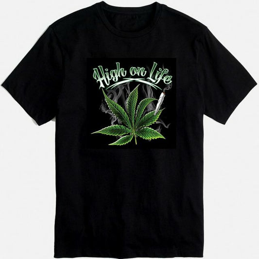Black graphic T-shirt with weed marijuana leaf design and "High on Life" text.