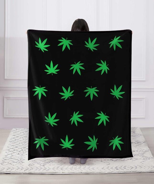 POT LEAF Soft Cozy Luxury Throw Blanket in black with green leaf pattern.