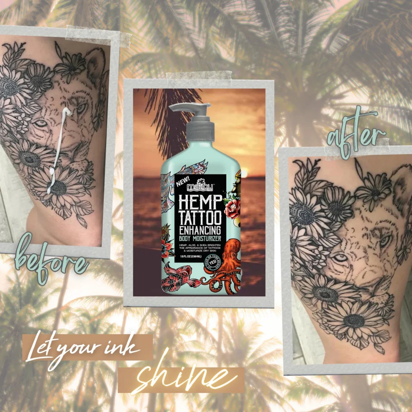 Malibu Hemp Tan Tattoo Enhancing Body Moisturizing Lotion, 18 fl oz (530mL)