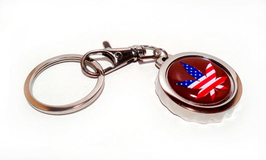 AMERICAN FLAG weed design bottle cap opener keychain.
