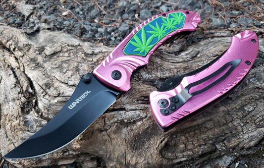 Pink Black Pot Leaf Design Spring assisted Pocket Knife Thumb Stud EDC 5.3 OZ