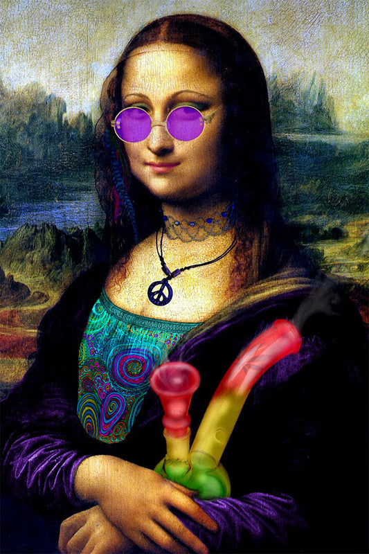 Naughty Mona Lisa marijuana-themed oil painting poster, 20x30 inches.