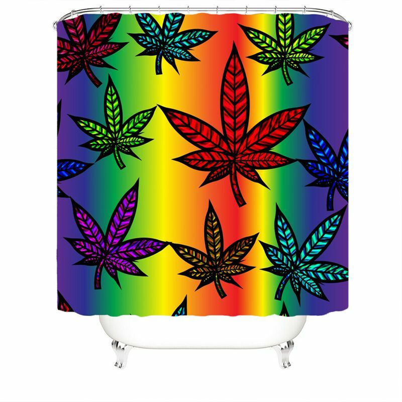 Rainbow Weed Leaf Art Shower Curtain Set Bathroom Mat Non-Slip Toilet Lid Cover