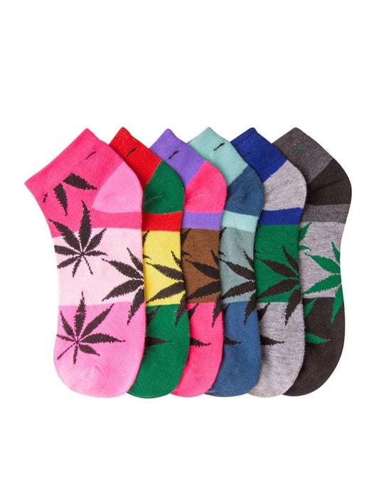 12 pairs of colorful no-show socks with marijuana leaf design.