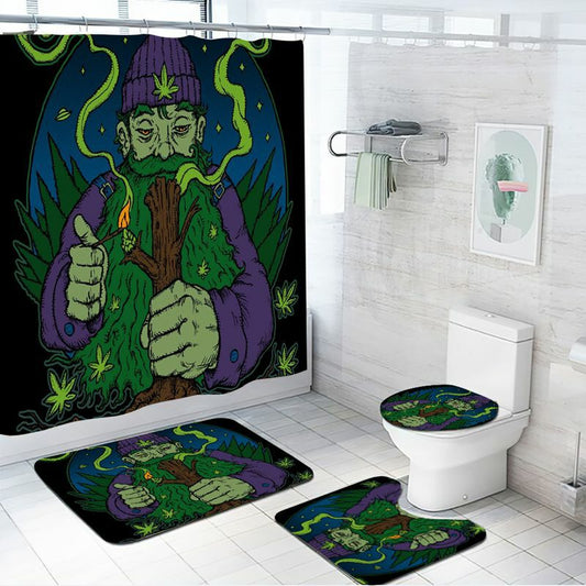 Cannabis-themed shower curtain set with non-slip bath mat and toilet lid cover.