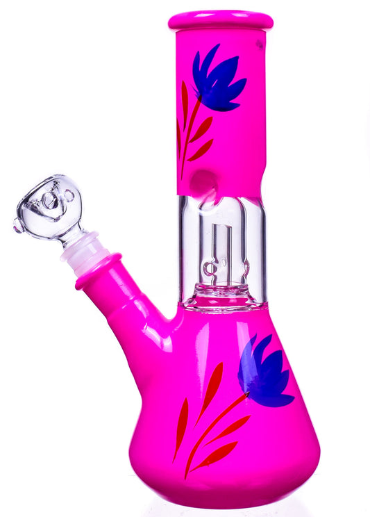 Cute girly girl solid pink bong with blue floral design, featuring ice catcher notches and round bottom percolator.
