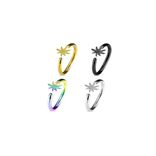 4 Pack 20G Nose and Cartilage Hoop Rings with Pot Leaf Design in Anodized Surgical Steel.