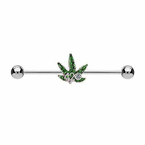 Pierce2GO 420 CZ stone marijuana industrial piercing with 4/20 pot leaf design.