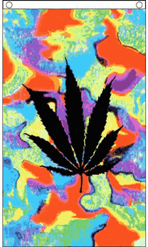 Tie dye marijuana leaf flag 3x5ft with colorful hippy design.