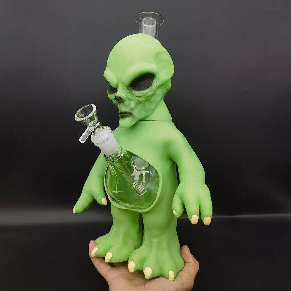 32.4cm Green Ailen Water Pipe Silicone Smoking Hookah Hand Pipes W/ Glass Bowl - Maryjanes Bong Shop