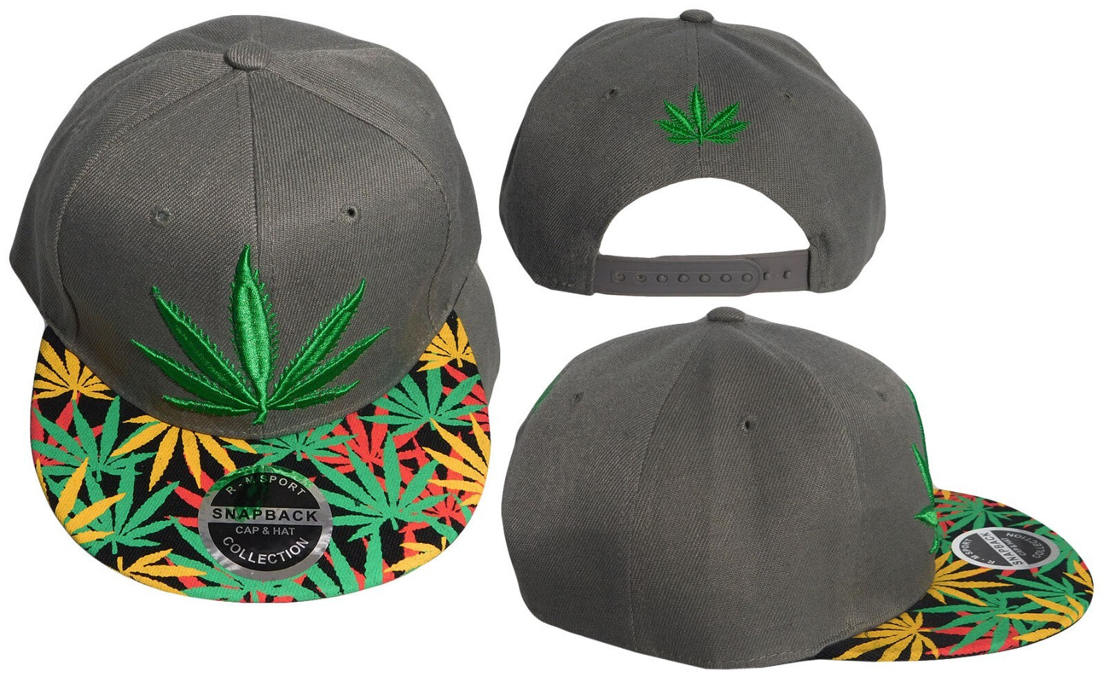 Grey polyester adjustable cap with embroidered cannabis leaf design.