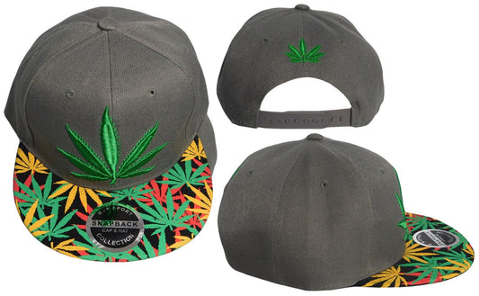 Grey polyester adjustable cap with embroidered cannabis leaf design.