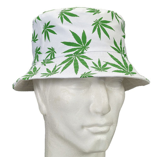 Unisex bucket hat with green marijuana cannabis weed leaf pattern on white fabric.
