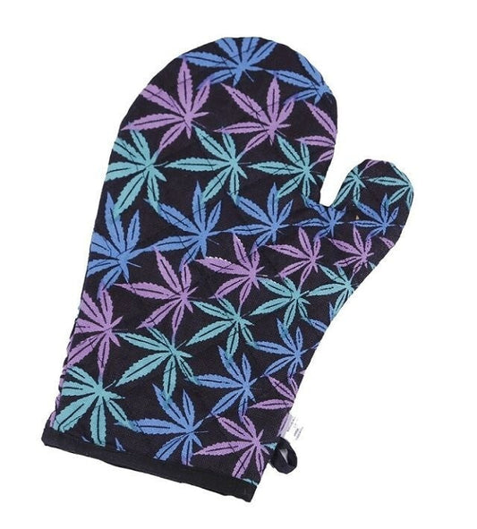 Night Leaf Oven Mitt with colorful pot leaf pattern on black background.