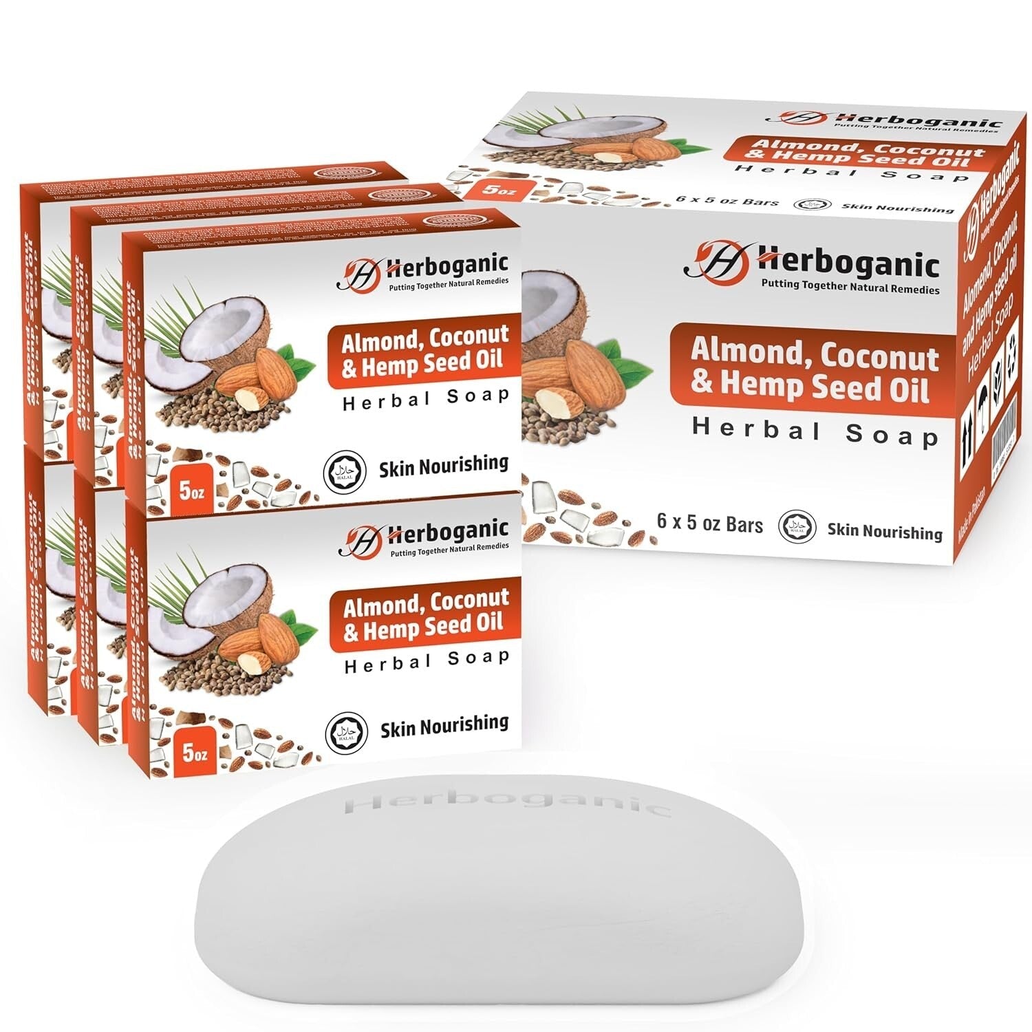Almond, Coconut & Hemp Oil Herbal Soap packaging and bar, unisex, nourishing, moisturizing, available in packs of 1, 3, or 6.