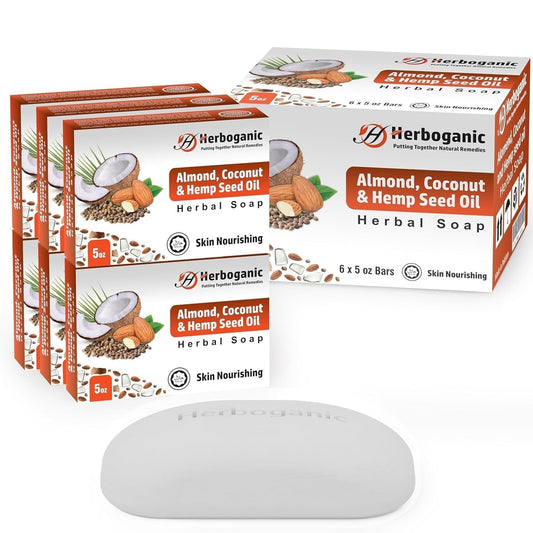 Almond, Coconut & Hemp Oil Herbal Soap packaging and bar, unisex, nourishing, moisturizing, available in packs of 1, 3, or 6.