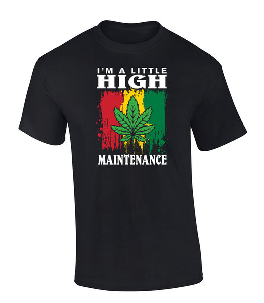Trenz Shirt Company black T-shirt, featuring "I'm A Little High Maintenance" text with marijuana leaf graphic, short sleeve, men's size 4XL.