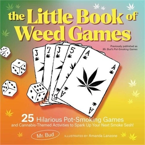 The Little Book of Weed Games paperback cover with cannabis-themed cards and dice.