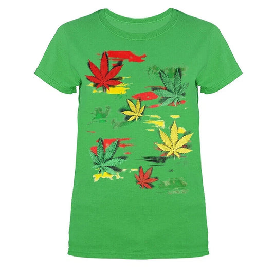 Rasta multi-color pot leaves t-shirt for women, humorous design.
