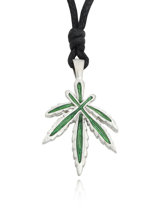 Marijuana leaf silver pewter necklace pendant featuring black cord chain.