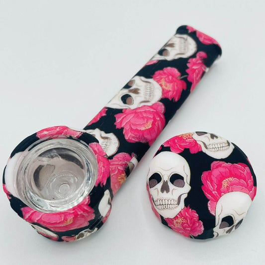 Silicone Smoking Pipe with Glass Bowl & Cap Lid | Skulls And Flowers | USA - Maryjanes Bong Shop