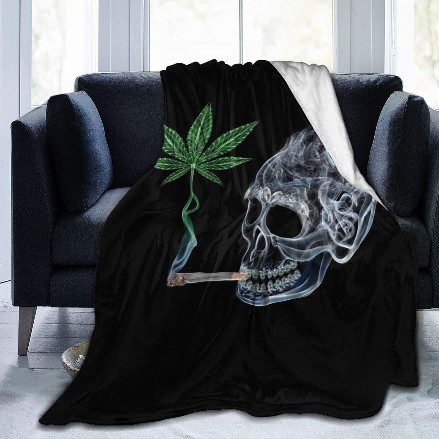 Marijuana pot leaf skull smoking fleece blanket, super soft and lightweight.