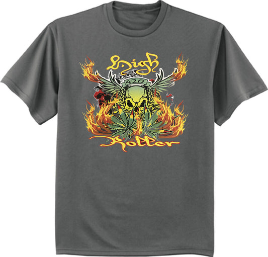 High Roller Cannabis T-shirt with weed pot leaf and 420 decal design.