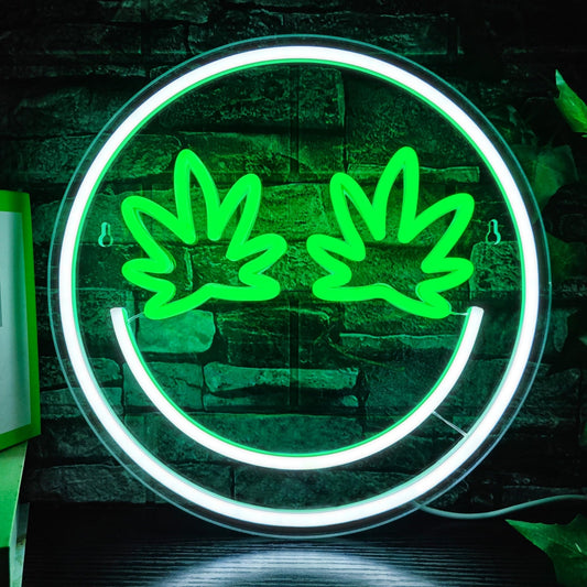 Green Leaf Eyes Neon Signs Smile Face LED Wall Decor USB Powered