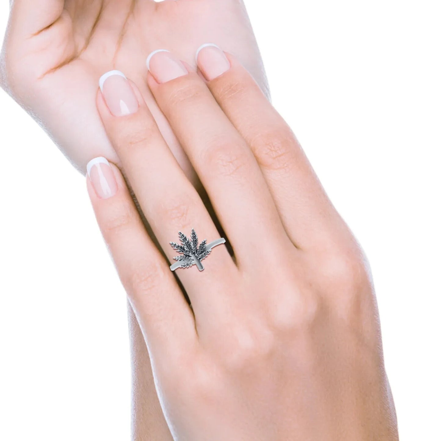 14.3mm Elegant Marijuana Leaf Engraved Cannabis Weed Oxidized Band Ring size 5 to 10