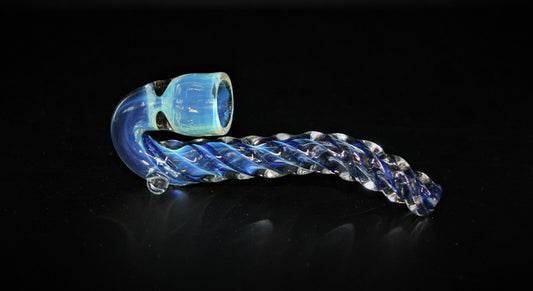 Blue Unicorn Stem Sherlock one hitter glass tobacco pipe with accent ribbon and resting feet.