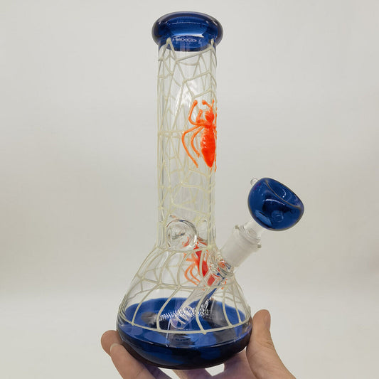 8.4" glass bong with cobweb design, includes handmade hookah and 14mm bowl, for tobacco use.