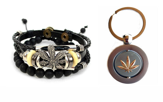 Marijuana weed leaf keychain and bracelet set with gold-plated leaf, black leather, and natural stones.