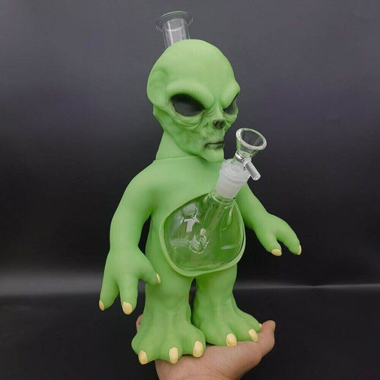 32.4cm Green Ailen Water Pipe Silicone Smoking Hookah Hand Pipes W/ Glass Bowl - Maryjanes Bong Shop