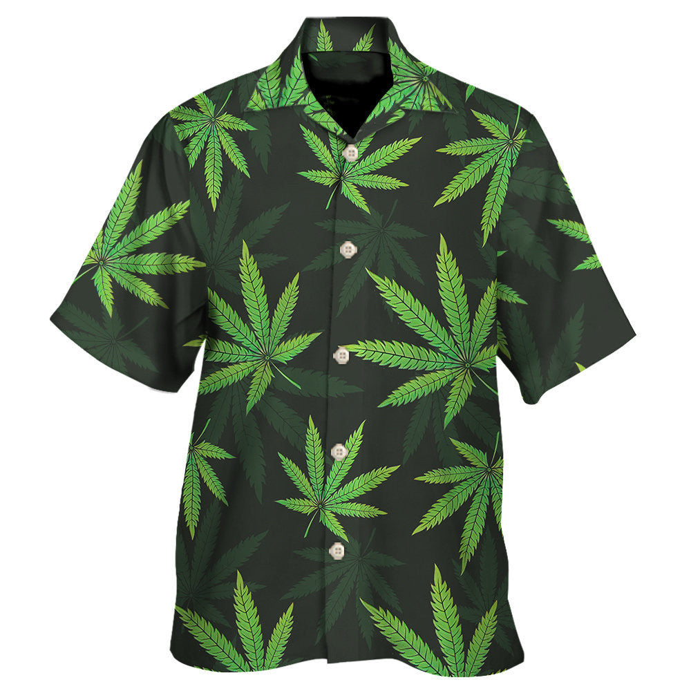 Men's Hawaiian shirt with pot leaf pattern design, premium linen-spandex blend, vintage style.