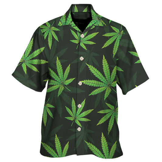 Men's Hawaiian shirt with pot leaf pattern design, premium linen-spandex blend, vintage style.