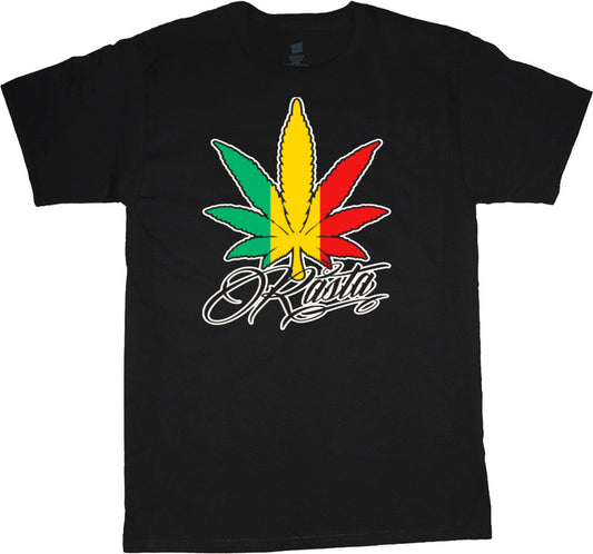 Rasta Pot Leaf Men's Graphic Tee with colorful cannabis design on black cotton t-shirt.
