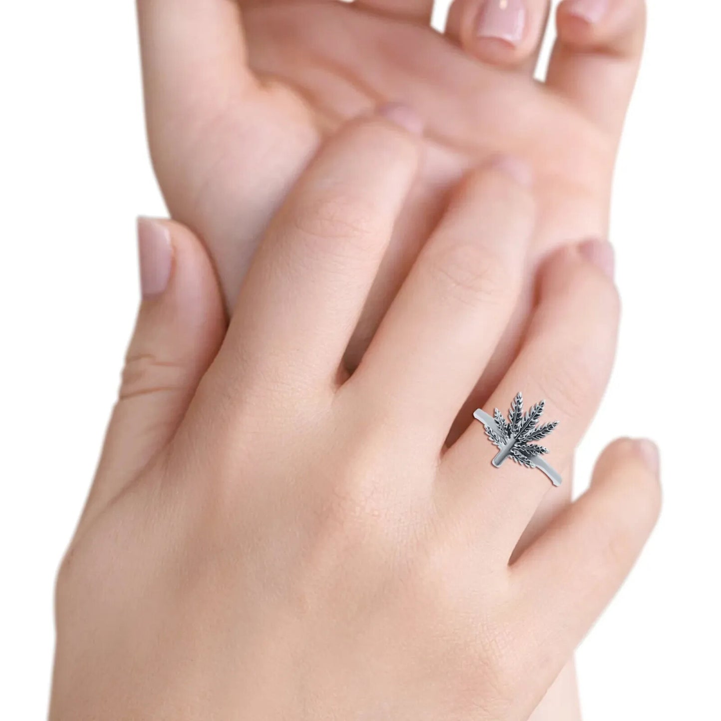 14.3mm Elegant Marijuana Leaf Engraved Cannabis Weed Oxidized Band Ring size 5 to 10